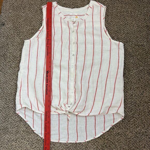 C&C California Red Striped 100% Linen Button Down Sleeveless Shirt Womens Large - Picture 8 of 9